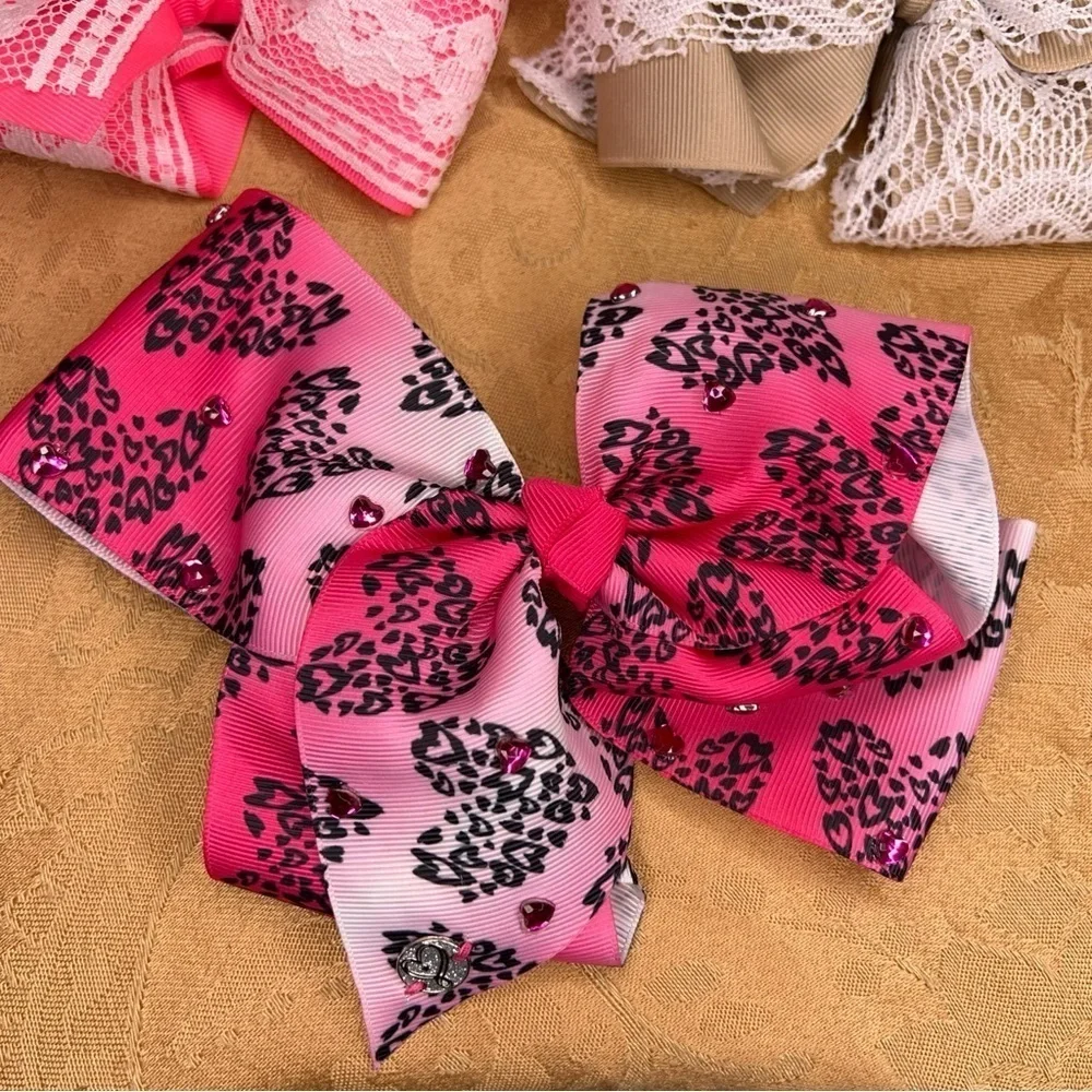 SET OF 3 PINK CHEER BOWS LACE COLORFUL LARGE HAIR ACCESSORIES